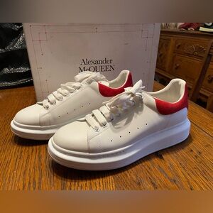 Alexander McQueen White Leather Sneakers with Red Heel Tab